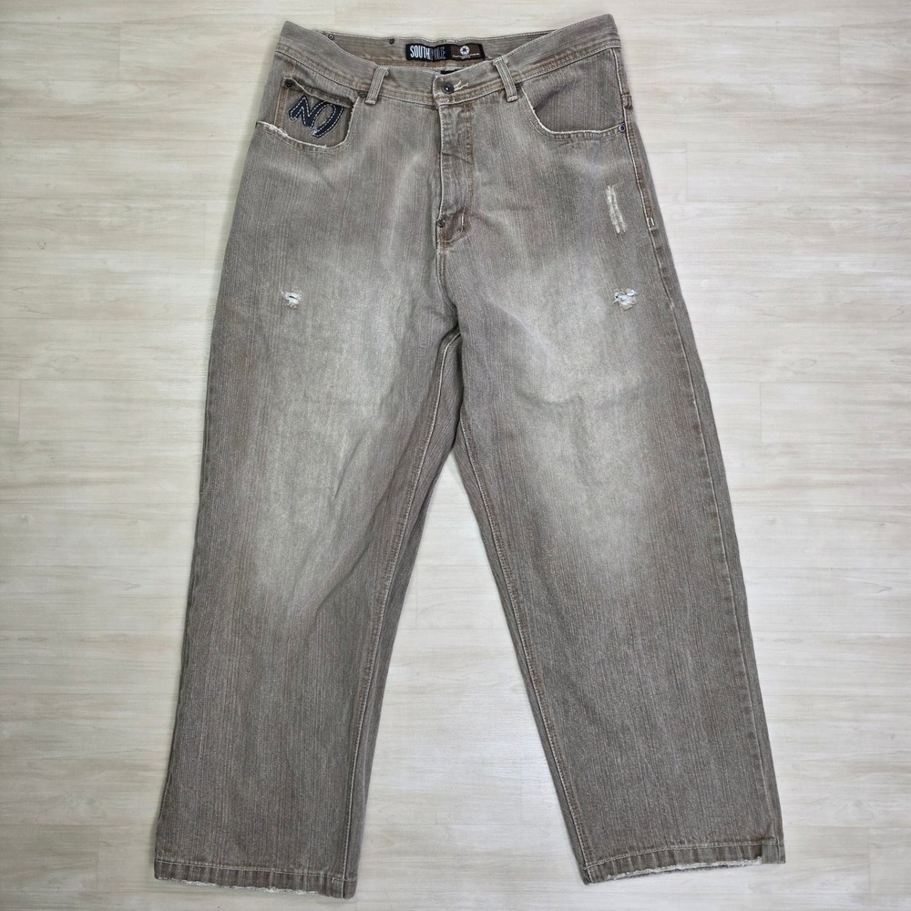 Southpole Mens Brown Tab Baggy Jeans Distressed Logo Patch Size 34 x 28